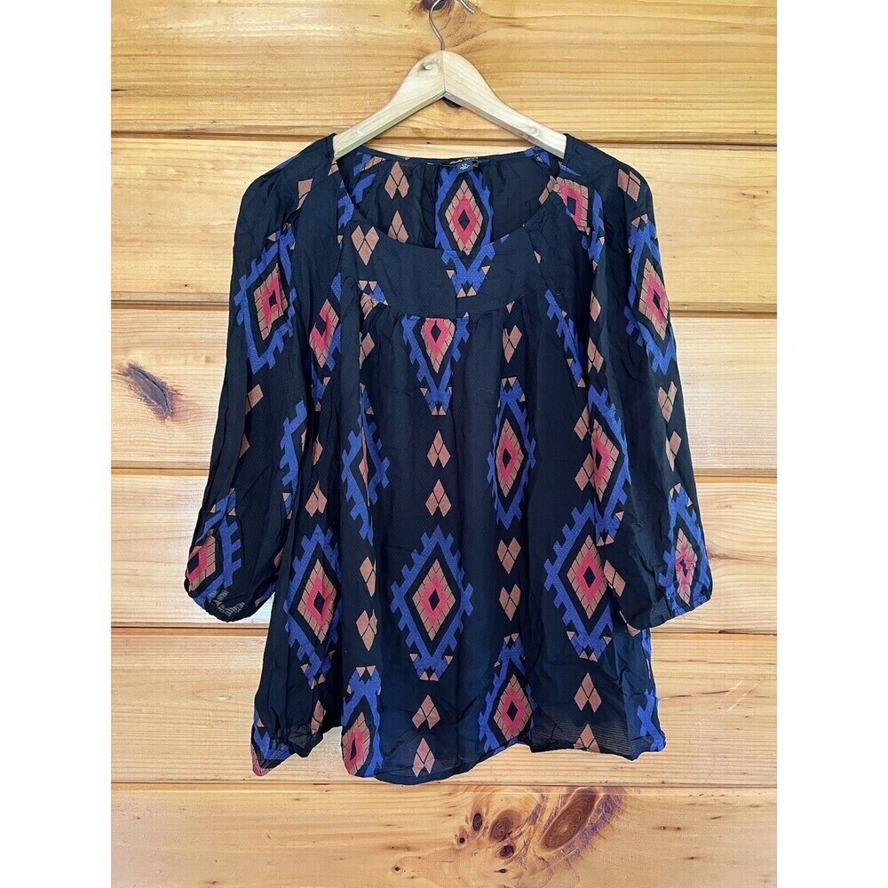 Lucky Brand Top Black Southwest Print Peasant Blouse Lightweight Size 1X